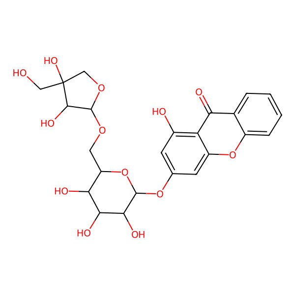 2D Structure of 3-[(2S,3R,4S,5S,6R)-6-[[(2R,3R,4R)-3,4-dihydroxy-4-(hydroxymethyl)oxolan-2-yl]oxymethyl]-3,4,5-trihydroxyoxan-2-yl]oxy-1-hydroxyxanthen-9-one