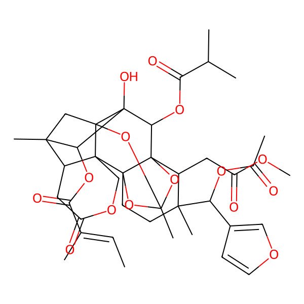 2D Structure of [(5S,8S,9R,10S,14R,15S,20S)-8-[(S)-acetyloxy(furan-3-yl)methyl]-12-hydroxy-9-(2-methoxy-2-oxoethyl)-3,8,14-trimethyl-11-(2-methylpropanoyloxy)-17-oxo-2,4,18,22-tetraoxaheptacyclo[12.6.1.13,10.01,12.05,10.05,20.015,20]docosan-13-yl] (E)-2-methylbut-2-enoate