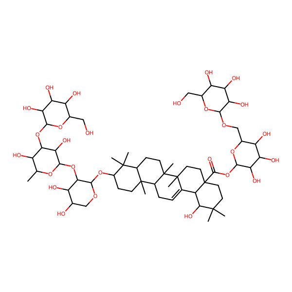 2D Structure of [(2S,3R,4S,5S,6R)-3,4,5-trihydroxy-6-[[(2S,3R,4S,5S,6R)-3,4,5-trihydroxy-6-(hydroxymethyl)oxan-2-yl]oxymethyl]oxan-2-yl] (1S,4aR,6aR,6aS,6bR,8aR,10S,12aR,14bS)-10-[(2S,3R,4S,5S)-3-[(2S,3R,4R,5S,6S)-3,5-dihydroxy-6-methyl-4-[(2S,3R,4S,5S,6R)-3,4,5-trihydroxy-6-(hydroxymethyl)oxan-2-yl]oxyoxan-2-yl]oxy-4,5-dihydroxyoxan-2-yl]oxy-1-hydroxy-2,2,6a,6b,9,9,12a-heptamethyl-1,3,4,5,6,6a,7,8,8a,10,11,12,13,14b-tetradecahydropicene-4a-carboxylate