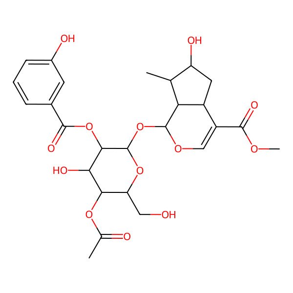 2D Structure of methyl (1S,4aS,6S,7R,7aS)-1-[(2S,3R,4S,5S,6R)-5-acetyloxy-4-hydroxy-3-(3-hydroxybenzoyl)oxy-6-(hydroxymethyl)oxan-2-yl]oxy-6-hydroxy-7-methyl-1,4a,5,6,7,7a-hexahydrocyclopenta[c]pyran-4-carboxylate