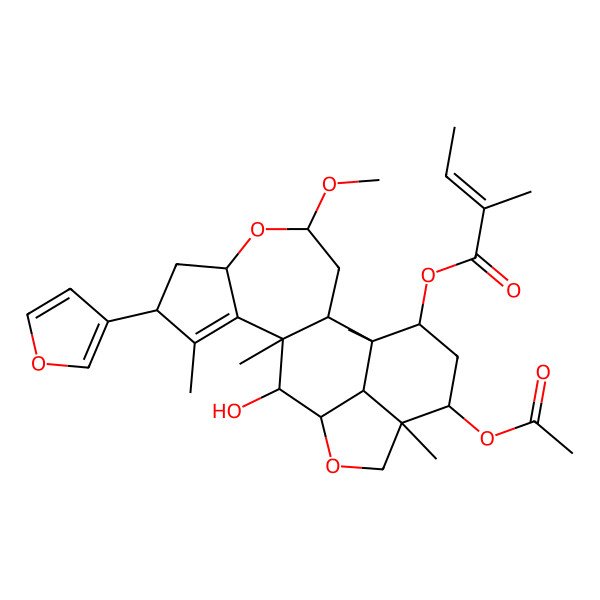 2D Structure of [(1R,2R,4R,6R,8R,11R,12S,13R,16R,17R,19S,20R)-17-acetyloxy-8-(furan-3-yl)-12-hydroxy-4-methoxy-1,9,11,16-tetramethyl-5,14-dioxapentacyclo[11.6.1.02,11.06,10.016,20]icos-9-en-19-yl] (E)-2-methylbut-2-enoate