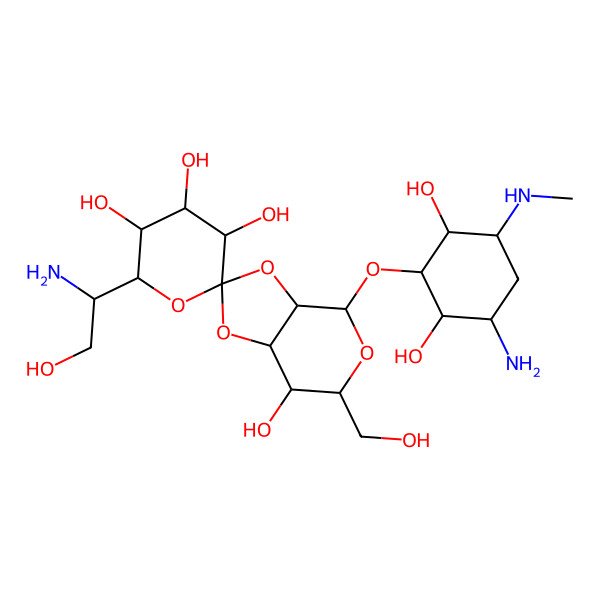 2D Structure of (3'R,4S,4'R,5'R,6R,7S)-4-[(1R,2S,3R,5S,6R)-3-amino-2,6-dihydroxy-5-(methylamino)cyclohexyl]oxy-6'-[(1S)-1-amino-2-hydroxyethyl]-6-(hydroxymethyl)spiro[4,6,7,7a-tetrahydro-3aH-[1,3]dioxolo[4,5-c]pyran-2,2'-oxane]-3',4',5',7-tetrol