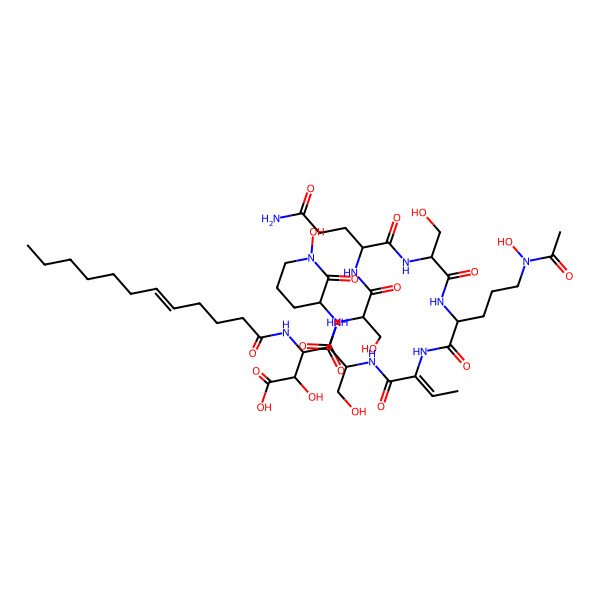 2D Structure of 4-[[1-[[1-[[1-[[5-[Acetyl(hydroxy)amino]-1-[[1-[[3-hydroxy-1-[(1-hydroxy-2-oxopiperidin-3-yl)amino]-1-oxopropan-2-yl]amino]-1-oxobut-2-en-2-yl]amino]-1-oxopentan-2-yl]amino]-3-hydroxy-1-oxopropan-2-yl]amino]-5-amino-1,5-dioxopentan-2-yl]amino]-3-hydroxy-1-oxopropan-2-yl]amino]-3-(dodec-5-enoylamino)-2-hydroxy-4-oxobutanoic acid