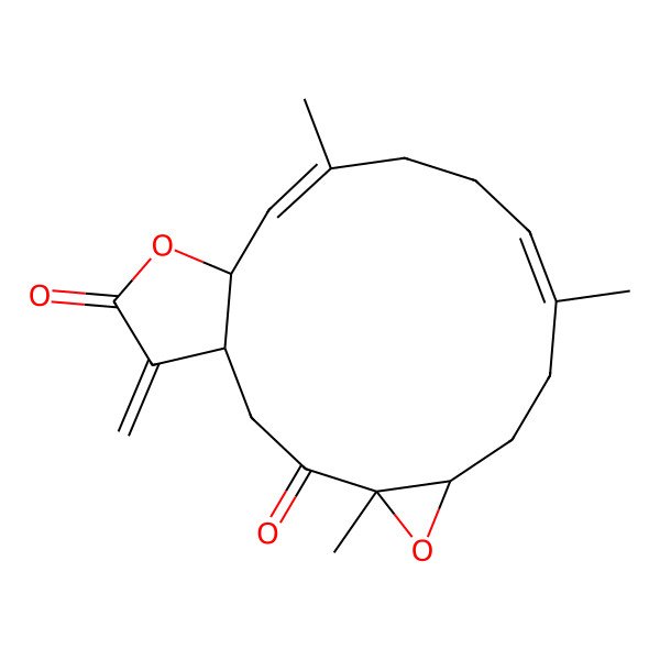 2D Structure of (1R,4R,6R,9E,13E,15S)-4,9,13-trimethyl-18-methylidene-5,16-dioxatricyclo[13.3.0.04,6]octadeca-9,13-diene-3,17-dione