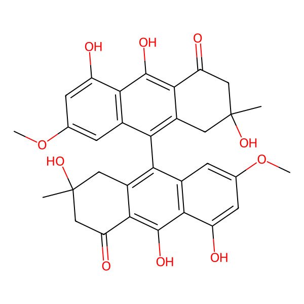 2D Structure of (3S)-3,8,9-trihydroxy-6-methoxy-3-methyl-10-[(2S)-2,5,10-trihydroxy-7-methoxy-2-methyl-4-oxo-1,3-dihydroanthracen-9-yl]-2,4-dihydroanthracen-1-one