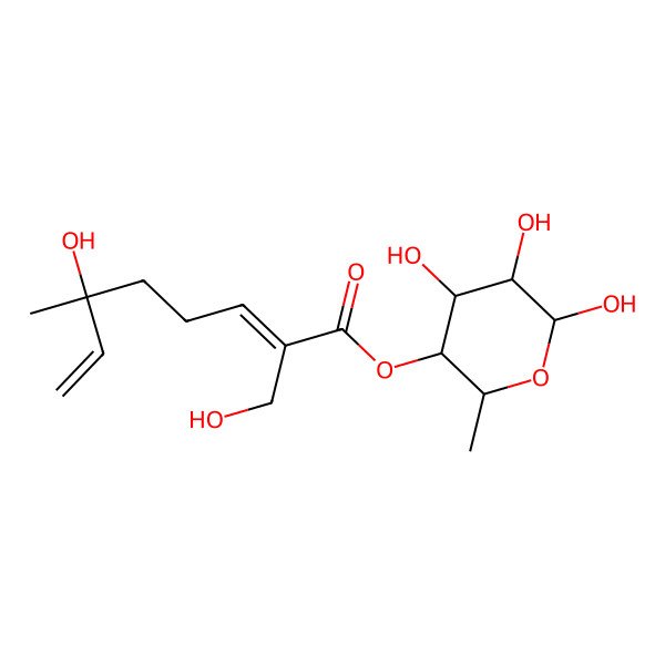 2D Structure of [(2R,3S,4R,5R,6S)-4,5,6-trihydroxy-2-methyloxan-3-yl] (2E,6S)-6-hydroxy-2-(hydroxymethyl)-6-methylocta-2,7-dienoate