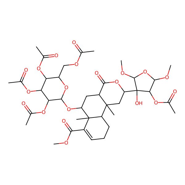 2D Structure of Methyl 2-(4-acetyloxy-3-hydroxy-2,5-dimethoxyoxolan-3-yl)-6a,10b-dimethyl-4-oxo-6-[3,4,5-triacetyloxy-6-(acetyloxymethyl)oxan-2-yl]oxy-1,2,4a,5,6,9,10,10a-octahydrobenzo[f]isochromene-7-carboxylate