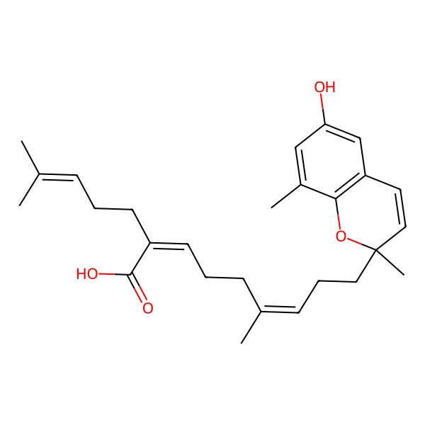 2D Structure of (2Z,6Z)-9-[(2R)-6-hydroxy-2,8-dimethylchromen-2-yl]-6-methyl-2-(4-methylpent-3-enyl)nona-2,6-dienoic acid