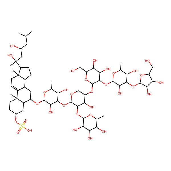 2D Structure of [(3S,5S,6S,8S,10S,13S,14S,17S)-6-[(2R,3R,4S,5R,6R)-4-[(2S,3R,4S,5R)-5-[(2S,3R,4S,5R,6R)-3-[(2S,3R,4S,5S,6R)-4-[(2S,3R,4R,5S)-3,4-dihydroxy-5-(hydroxymethyl)oxolan-2-yl]oxy-3,5-dihydroxy-6-methyloxan-2-yl]oxy-4,5-dihydroxy-6-(hydroxymethyl)oxan-2-yl]oxy-4-hydroxy-3-[(2S,3R,4S,5S,6R)-3,4,5-trihydroxy-6-methyloxan-2-yl]oxyoxan-2-yl]oxy-3,5-dihydroxy-6-methyloxan-2-yl]oxy-17-[(2S,4S)-2,4-dihydroxy-6-methylheptan-2-yl]-10,13-dimethyl-2,3,4,5,6,7,8,12,14,15,16,17-dodecahydro-1H-cyclopenta[a]phenanthren-3-yl] hydrogen sulfate