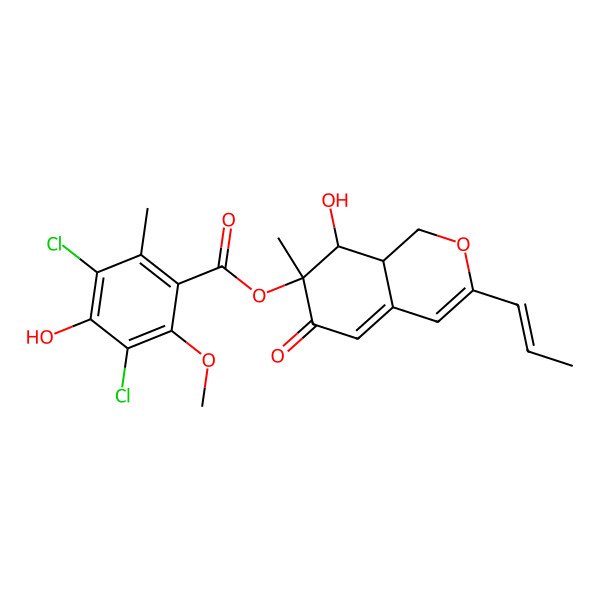 2D Structure of (8-hydroxy-7-methyl-6-oxo-3-prop-1-enyl-8,8a-dihydro-1H-isochromen-7-yl) 3,5-dichloro-4-hydroxy-2-methoxy-6-methylbenzoate