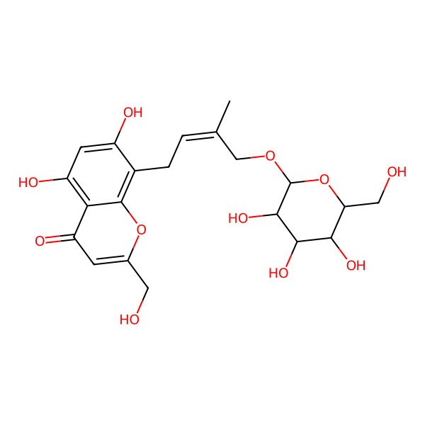 2D Structure of 5,7-Dihydroxy-2-(hydroxymethyl)-8-[3-methyl-4-[3,4,5-trihydroxy-6-(hydroxymethyl)oxan-2-yl]oxybut-2-enyl]chromen-4-one
