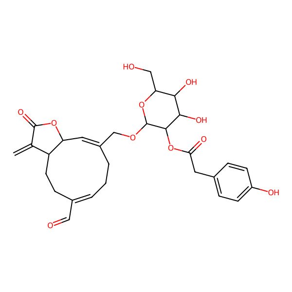 2D Structure of [2-[(6-Formyl-3-methylidene-2-oxo-3a,4,5,8,9,11a-hexahydrocyclodeca[b]furan-10-yl)methoxy]-4,5-dihydroxy-6-(hydroxymethyl)oxan-3-yl] 2-(4-hydroxyphenyl)acetate