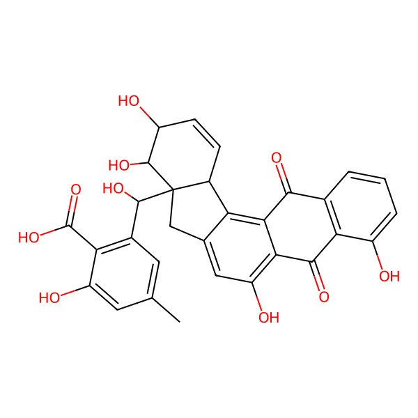 2D Structure of 2-Hydroxy-6-[hydroxy-(4,6,9,10-tetrahydroxy-5,13-dioxo-8,9,10,12a-tetrahydroindeno[1,2-a]anthracen-8a-yl)methyl]-4-methylbenzoic acid