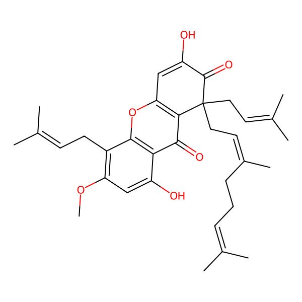 2D Structure of (1S)-1-[(2E)-3,7-dimethylocta-2,6-dienyl]-3,8-dihydroxy-6-methoxy-1,5-bis(3-methylbut-2-enyl)xanthene-2,9-dione