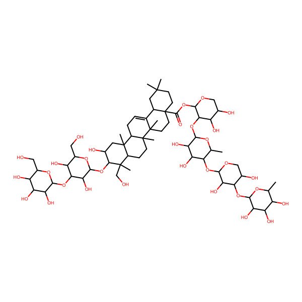 2D Structure of [3-[5-[3,5-Dihydroxy-4-(3,4,5-trihydroxy-6-methyloxan-2-yl)oxyoxan-2-yl]oxy-3,4-dihydroxy-6-methyloxan-2-yl]oxy-4,5-dihydroxyoxan-2-yl] 10-[3,5-dihydroxy-6-(hydroxymethyl)-4-[3,4,5-trihydroxy-6-(hydroxymethyl)oxan-2-yl]oxyoxan-2-yl]oxy-11-hydroxy-9-(hydroxymethyl)-2,2,6a,6b,9,12a-hexamethyl-1,3,4,5,6,6a,7,8,8a,10,11,12,13,14b-tetradecahydropicene-4a-carboxylate