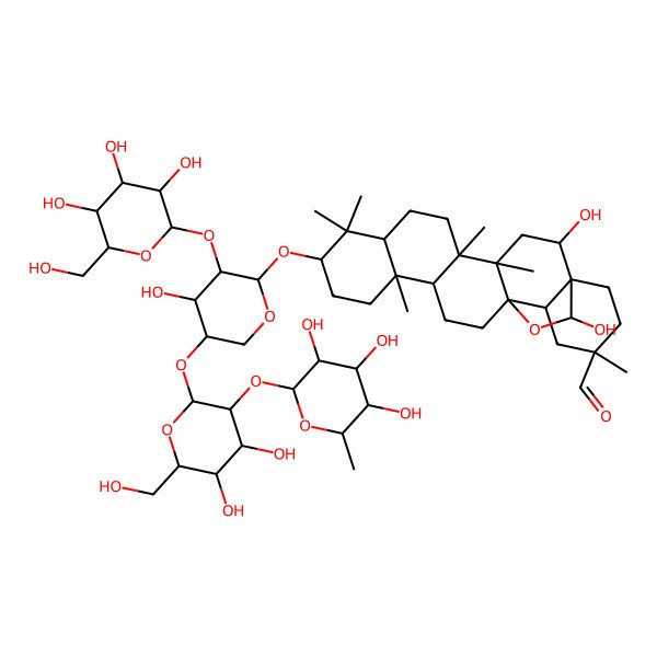 2D Structure of 10-[5-[4,5-Dihydroxy-6-(hydroxymethyl)-3-(3,4,5-trihydroxy-6-methyloxan-2-yl)oxyoxan-2-yl]oxy-4-hydroxy-3-[3,4,5-trihydroxy-6-(hydroxymethyl)oxan-2-yl]oxyoxan-2-yl]oxy-2,23-dihydroxy-4,5,9,9,13,20-hexamethyl-24-oxahexacyclo[15.5.2.01,18.04,17.05,14.08,13]tetracosane-20-carbaldehyde
