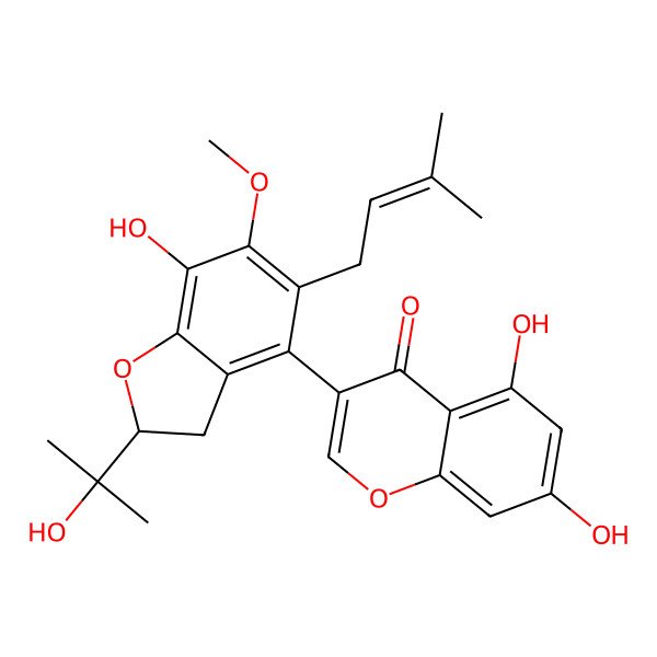 2D Structure of 5,7-dihydroxy-3-[(2S)-7-hydroxy-2-(2-hydroxypropan-2-yl)-6-methoxy-5-(3-methylbut-2-enyl)-2,3-dihydro-1-benzofuran-4-yl]chromen-4-one