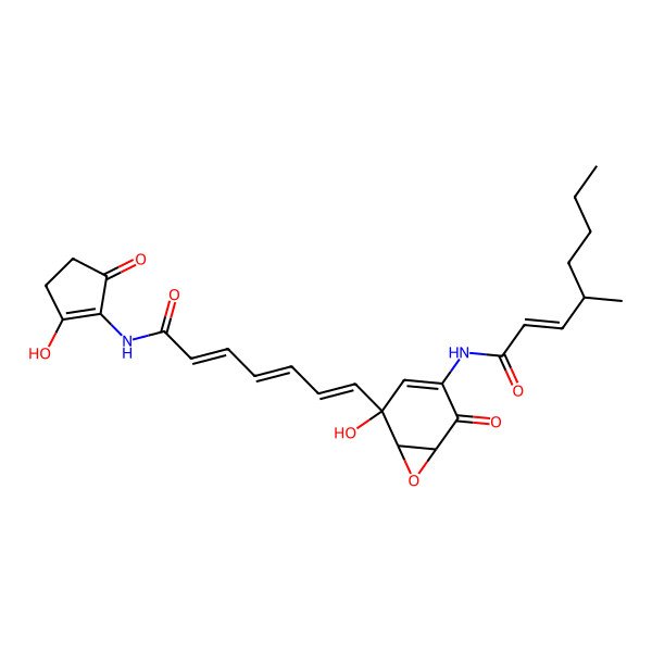 2D Structure of (E,4S)-N-[(1S,5S,6R)-5-hydroxy-5-[(1E,3E,5E)-7-[(2-hydroxy-5-oxocyclopenten-1-yl)amino]-7-oxohepta-1,3,5-trienyl]-2-oxo-7-oxabicyclo[4.1.0]hept-3-en-3-yl]-4-methyloct-2-enamide