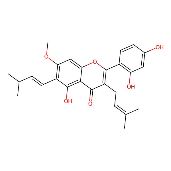 2D Structure of 2-(2,4-Dihydroxyphenyl)-5-hydroxy-7-methoxy-6-(3-methylbut-1-enyl)-3-(3-methylbut-2-enyl)chromen-4-one