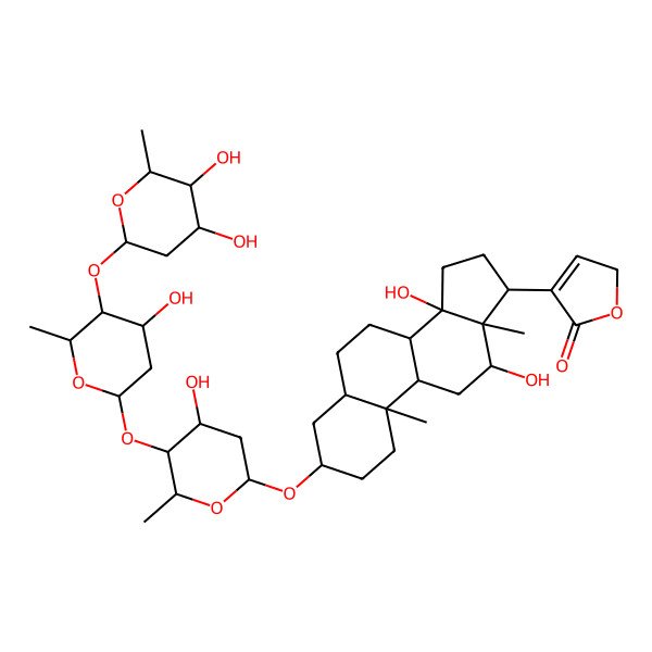 2D Structure of 4-[(3S,5R,8R,9S,10S,12R,13S,14S,17S)-3-[(2R,4S,5S,6R)-5-[(2S,4S,5S,6R)-5-[(2S,4S,5S,6R)-4,5-dihydroxy-6-methyloxan-2-yl]oxy-4-hydroxy-6-methyloxan-2-yl]oxy-4-hydroxy-6-methyloxan-2-yl]oxy-12,14-dihydroxy-10,13-dimethyl-1,2,3,4,5,6,7,8,9,11,12,15,16,17-tetradecahydrocyclopenta[a]phenanthren-17-yl]-2H-furan-5-one