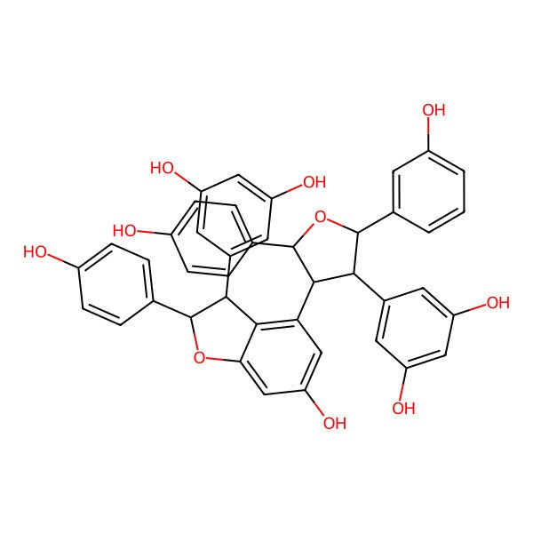 2D Structure of 5-[(2S,3R,4R,5S)-4-[(2R,3R)-3-(3,5-dihydroxyphenyl)-6-hydroxy-2-(4-hydroxyphenyl)-2,3-dihydro-1-benzofuran-4-yl]-2-(3-hydroxyphenyl)-5-(4-hydroxyphenyl)oxolan-3-yl]benzene-1,3-diol