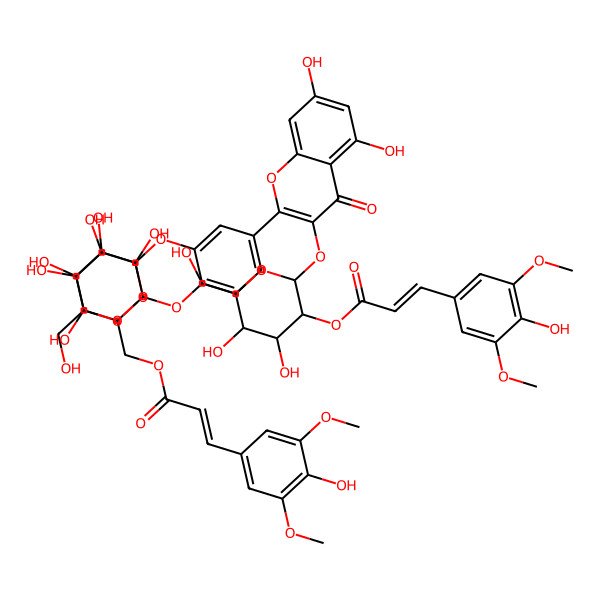2D Structure of [(2S,3R,4R,5S,6R)-6-[5-[3-[(2R,3S,4R,5R,6S)-4,5-dihydroxy-3-[(E)-3-(4-hydroxy-3,5-dimethoxyphenyl)prop-2-enoyl]oxy-6-(hydroxymethyl)oxan-2-yl]oxy-5,7-dihydroxy-4-oxochromen-2-yl]-2-[(2R,3S,4R,5R,6S)-3,4,5-trihydroxy-6-(hydroxymethyl)oxan-2-yl]oxyphenoxy]-3,4,5-trihydroxyoxan-2-yl]methyl (E)-3-(4-hydroxy-3,5-dimethoxyphenyl)prop-2-enoate