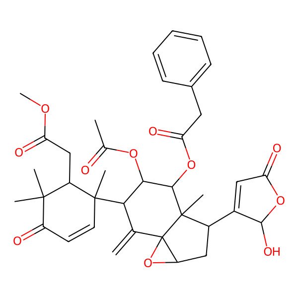 2D Structure of methyl 2-[2-[5-acetyloxy-3-(2-hydroxy-5-oxo-2H-furan-3-yl)-3a-methyl-7-methylidene-4-(2-phenylacetyl)oxy-1a,2,3,4,5,6-hexahydroindeno[1,7a-b]oxiren-6-yl]-2,6,6-trimethyl-5-oxocyclohex-3-en-1-yl]acetate