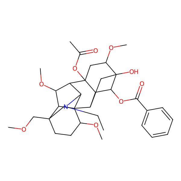 2D Structure of [(1S,2R,3R,4S,5S,6S,8R,9R,10R,13S,16R,17R,18R)-8-acetyloxy-11-ethyl-5-hydroxy-6,16,18-trimethoxy-13-(methoxymethyl)-11-azahexacyclo[7.7.2.12,5.01,10.03,8.013,17]nonadecan-4-yl] benzoate