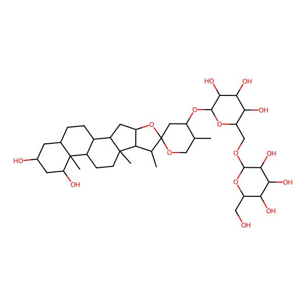 2D Structure of 2-[[6-(14,16-Dihydroxy-5',7,9,13-tetramethylspiro[5-oxapentacyclo[10.8.0.02,9.04,8.013,18]icosane-6,2'-oxane]-4'-yl)oxy-3,4,5-trihydroxyoxan-2-yl]methoxy]-6-(hydroxymethyl)oxane-3,4,5-triol