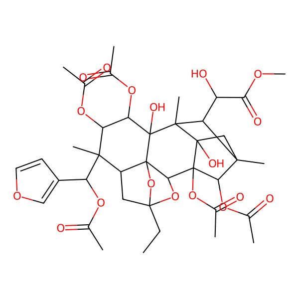 2D Structure of methyl (2R)-2-hydroxy-2-[(1S,2S,3R,5S,7R,8R,9R,10R,11R,12R,13S,14R,16R,17S)-1,9,10,17-tetraacetyloxy-8-[(S)-acetyloxy(furan-3-yl)methyl]-5-ethyl-11,16-dihydroxy-8,12,14-trimethyl-4,18-dioxahexacyclo[12.2.1.12,5.03,7.03,11.012,16]octadecan-13-yl]acetate