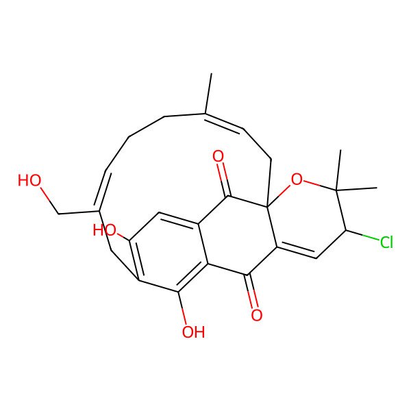 2D Structure of 18-Chloro-11,22-dihydroxy-8-(hydroxymethyl)-4,19,19-trimethyl-20-oxatetracyclo[11.7.1.110,14.01,16]docosa-3,7,10,12,14(22),16-hexaene-15,21-dione