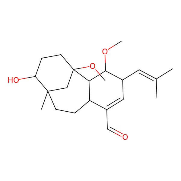 2D Structure of 11-Hydroxy-1,3-dimethoxy-10-methyl-4-(2-methylprop-1-enyl)tricyclo[8.3.1.02,7]tetradec-5-ene-6-carbaldehyde