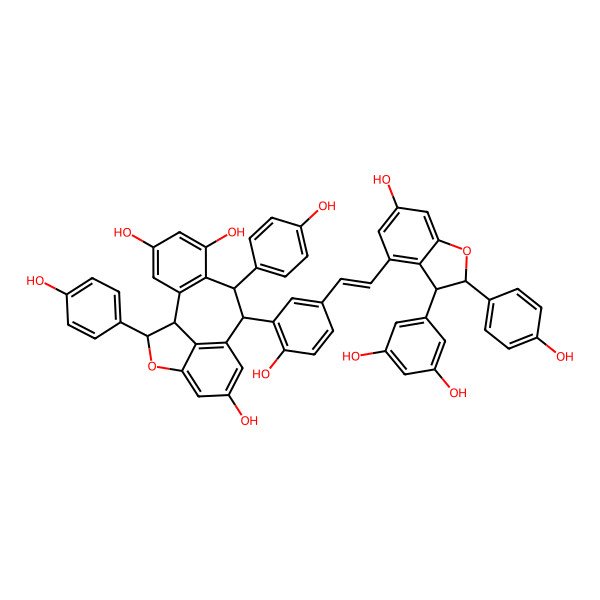 2D Structure of 9-[5-[2-[3-(3,5-Dihydroxyphenyl)-6-hydroxy-2-(4-hydroxyphenyl)-2,3-dihydro-1-benzofuran-4-yl]ethenyl]-2-hydroxyphenyl]-8,16-bis(4-hydroxyphenyl)-15-oxatetracyclo[8.6.1.02,7.014,17]heptadeca-2(7),3,5,10(17),11,13-hexaene-4,6,12-triol