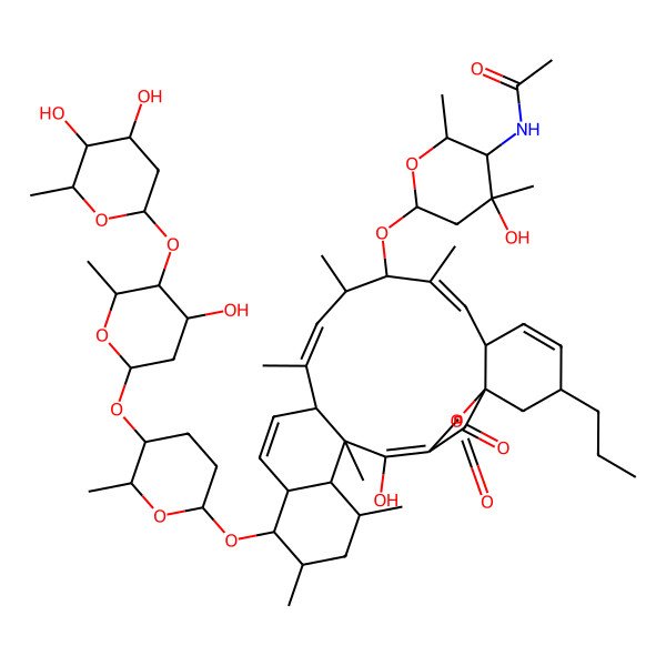 2D Structure of N-[6-[[17-[5-[5-(4,5-dihydroxy-6-methyloxan-2-yl)oxy-4-hydroxy-6-methyloxan-2-yl]oxy-6-methyloxan-2-yl]oxy-23-hydroxy-8,10,12,18,20,22-hexamethyl-25,27-dioxo-3-propyl-26-oxapentacyclo[22.2.1.01,6.013,22.016,21]heptacosa-4,7,11,14,23-pentaen-9-yl]oxy]-4-hydroxy-2,4-dimethyloxan-3-yl]acetamide