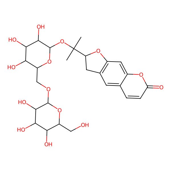 2D Structure of 2-(2-{[3,4,5-trihydroxy-6-({[3,4,5-trihydroxy-6-(hydroxymethyl)oxan-2-yl]oxy}methyl)oxan-2-yl]oxy}propan-2-yl)-2H,3H-furo[3,2-g]chromen-7-one