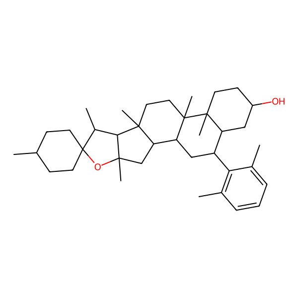 2D Structure of (2S,4S,7S,8R,9S,12S,13S,16S,18R,19S)-19-(2,6-dimethylphenyl)-4,4',7,9,12,13-hexamethylspiro[5-oxapentacyclo[10.8.0.02,9.04,8.013,18]icosane-6,1'-cyclohexane]-16-ol