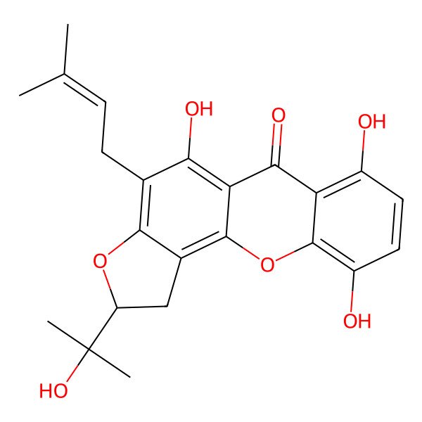 2D Structure of 5,7,10-Trihydroxy-2-(2-hydroxypropan-2-yl)-4-(3-methylbut-2-enyl)-1,2-dihydrofuro[2,3-c]xanthen-6-one