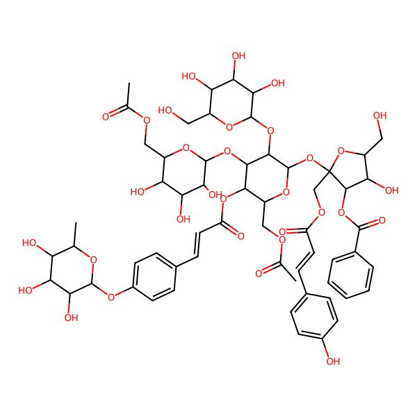 2D Structure of [(2R,3S,4S,5S)-2-[(2R,3S,4S,5S,6R)-6-(acetyloxymethyl)-4-[(2R,3R,4S,5R,6S)-6-(acetyloxymethyl)-3,4,5-trihydroxyoxan-2-yl]oxy-3-[(2R,3S,4S,5R,6S)-3,4,5-trihydroxy-6-(hydroxymethyl)oxan-2-yl]oxy-5-[(Z)-3-[4-[(2R,3R,4R,5S,6R)-3,4,5-trihydroxy-6-methyloxan-2-yl]oxyphenyl]prop-2-enoyl]oxyoxan-2-yl]oxy-4-hydroxy-5-(hydroxymethyl)-2-[[(Z)-3-(4-hydroxyphenyl)prop-2-enoyl]oxymethyl]oxolan-3-yl] benzoate