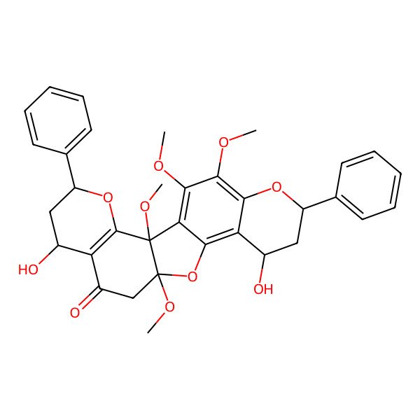 2D Structure of 7,15-Dihydroxy-2,11,20,21-tetramethoxy-5,17-diphenyl-4,12,18-trioxapentacyclo[11.8.0.02,11.03,8.014,19]henicosa-1(21),3(8),13,19-tetraen-9-one