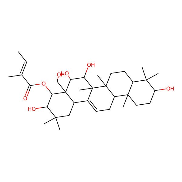2D Structure of [(3R,4R,4aR,5S,6R,6aR,6aS,6bR,8aR,10S,12aR,14bS)-3,5,6,10-tetrahydroxy-4a-(hydroxymethyl)-2,2,6a,6b,9,9,12a-heptamethyl-1,3,4,5,6,6a,7,8,8a,10,11,12,13,14b-tetradecahydropicen-4-yl] (Z)-2-methylbut-2-enoate