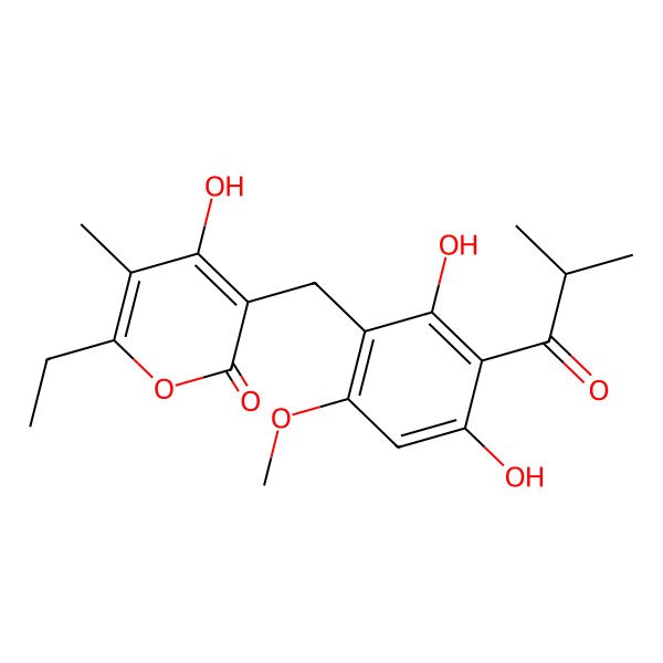2D Structure of 3-[[2,4-Dihydroxy-6-methoxy-3-(2-methyl-1-oxopropyl)phenyl]methyl]-6-ethyl-4-hydroxy-5-methyl-2 h-pyran-2-one