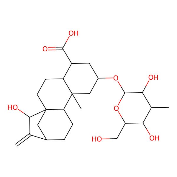 2D Structure of (1R,4R,5R,7R,9R,10S,13R,15S)-7-[(3R,4S,5S,6R)-3,5-dihydroxy-6-(hydroxymethyl)-4-methyloxan-2-yl]oxy-15-hydroxy-9-methyl-14-methylidenetetracyclo[11.2.1.01,10.04,9]hexadecane-5-carboxylic acid