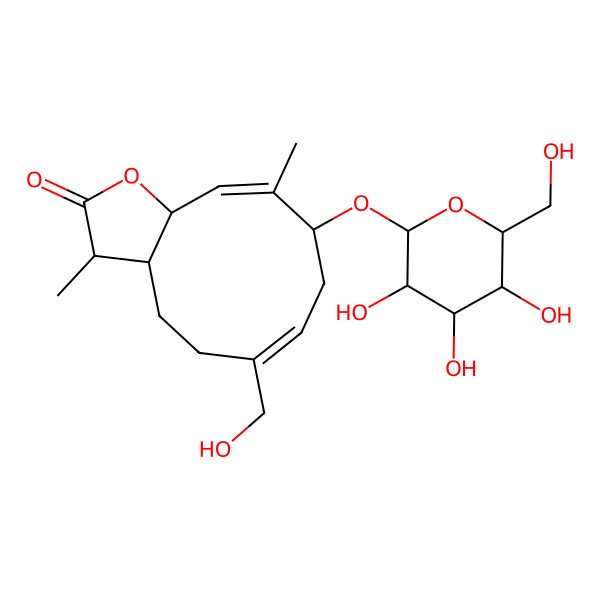 2D Structure of (3S,3aS,6E,9S,10E,11aR)-6-(hydroxymethyl)-3,10-dimethyl-9-[(2R,3R,4S,5S,6R)-3,4,5-trihydroxy-6-(hydroxymethyl)oxan-2-yl]oxy-3a,4,5,8,9,11a-hexahydro-3H-cyclodeca[b]furan-2-one