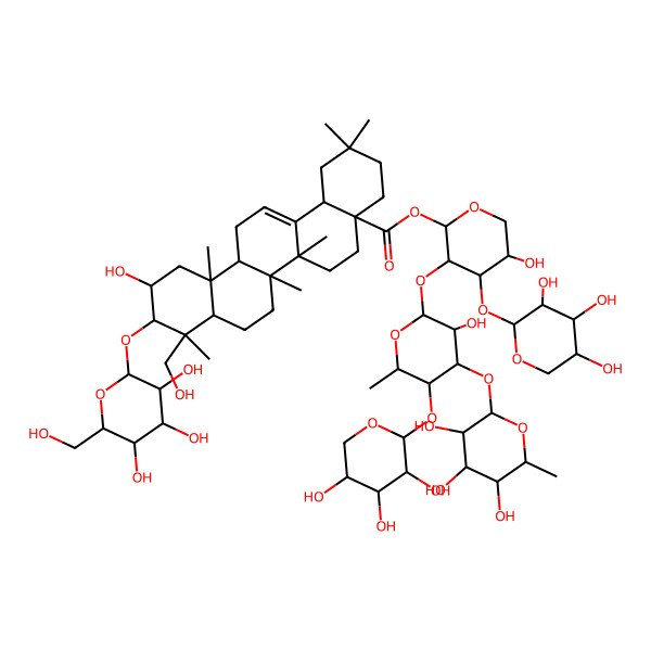 2D Structure of [(2S,3S,4S,5S)-5-hydroxy-3-[(2S,3R,4S,5S,6S)-3-hydroxy-6-methyl-4-[(2S,3R,4R,5R,6S)-3,4,5-trihydroxy-6-methyloxan-2-yl]oxy-5-[(2S,3R,4S,5R)-3,4,5-trihydroxyoxan-2-yl]oxyoxan-2-yl]oxy-4-[(2S,3R,4S,5S)-3,4,5-trihydroxyoxan-2-yl]oxyoxan-2-yl] (4aS,6aR,6aS,6bR,8aR,9R,10R,11S,12aR,14bS)-11-hydroxy-9-(hydroxymethyl)-2,2,6a,6b,9,12a-hexamethyl-10-[(2R,3R,4S,5S,6R)-3,4,5-trihydroxy-6-(hydroxymethyl)oxan-2-yl]oxy-1,3,4,5,6,6a,7,8,8a,10,11,12,13,14b-tetradecahydropicene-4a-carboxylate