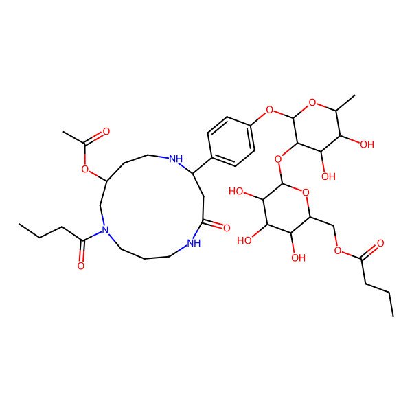 2D Structure of [6-[2-[4-(11-Acetyloxy-9-butanoyl-4-oxo-1,5,9-triazacyclotridec-2-yl)phenoxy]-4,5-dihydroxy-6-methyloxan-3-yl]oxy-3,4,5-trihydroxyoxan-2-yl]methyl butanoate