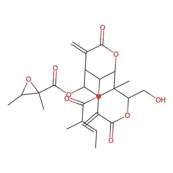 2D Structure of [3-(Hydroxymethyl)-2-methyl-13-(2-methylbut-2-enoyloxy)-6,10-dimethylidene-5,11-dioxo-4,12-dioxatricyclo[7.3.1.02,7]tridecan-8-yl] 2,3-dimethyloxirane-2-carboxylate