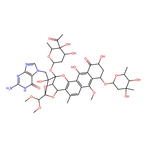 2D Structure of 7-[[(17S,18S,19R)-17-(5-acetyl-4,5-dihydroxy-6-methyloxan-2-yl)oxy-8-(4,5-dihydroxy-4,6-dimethyloxan-2-yl)oxy-19-(dimethoxymethyl)-10,13,18-trihydroxy-6-methoxy-3-methyl-11-oxo-16,20,22-trioxahexacyclo[17.2.1.02,15.05,14.07,12.017,21]docosa-2(15),3,5(14),6,12-pentaen-18-yl]methyl]-2-amino-1H-purin-6-one