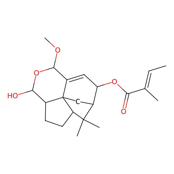2D Structure of (7-Hydroxy-5-methoxy-14,14-dimethyl-6-oxatetracyclo[9.2.1.04,12.08,12]tetradec-3-en-2-yl) 2-methylbut-2-enoate