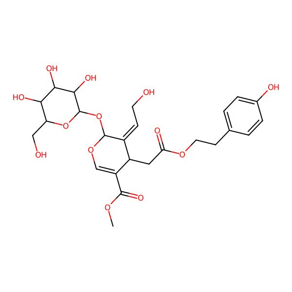 2D Structure of methyl (4S,5E,6S)-5-(2-hydroxyethylidene)-4-[2-[2-(4-hydroxyphenyl)ethoxy]-2-oxoethyl]-6-[(2R,3R,4S,5S,6R)-3,4,5-trihydroxy-6-(hydroxymethyl)oxan-2-yl]oxy-4H-pyran-3-carboxylate