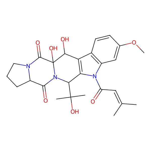 2D Structure of 1,2-Dihydroxy-12-(2-hydroxypropan-2-yl)-7-methoxy-10-(3-methylbut-2-enoyl)-10,13,19-triazapentacyclo[11.7.0.03,11.04,9.015,19]icosa-3(11),4(9),5,7-tetraene-14,20-dione